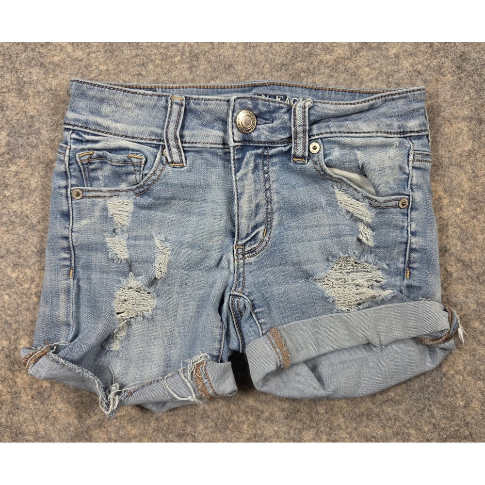 American Eagle Midi Distressed Denim Shorts Light Wash Super Stretch Size 0